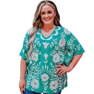 Layerz Floral Embroidered Paige Relaxed Fit Poncho Turquoise size small western